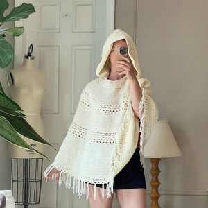 Cream Crochet Winter Poncho w/ Hood